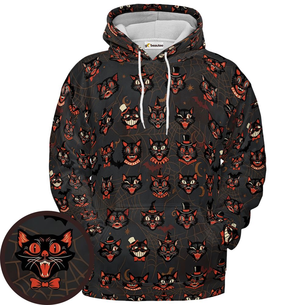 Retro Spooky Black Cat Halloween Hawaiian Shirt - Pullover Hoodie - 1