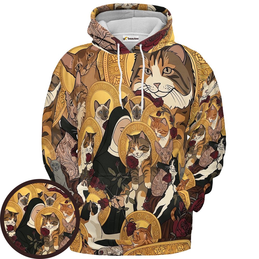 Sacred Feline Renaissance Art Full Print Hoodie - Pullover Hoodie - 1