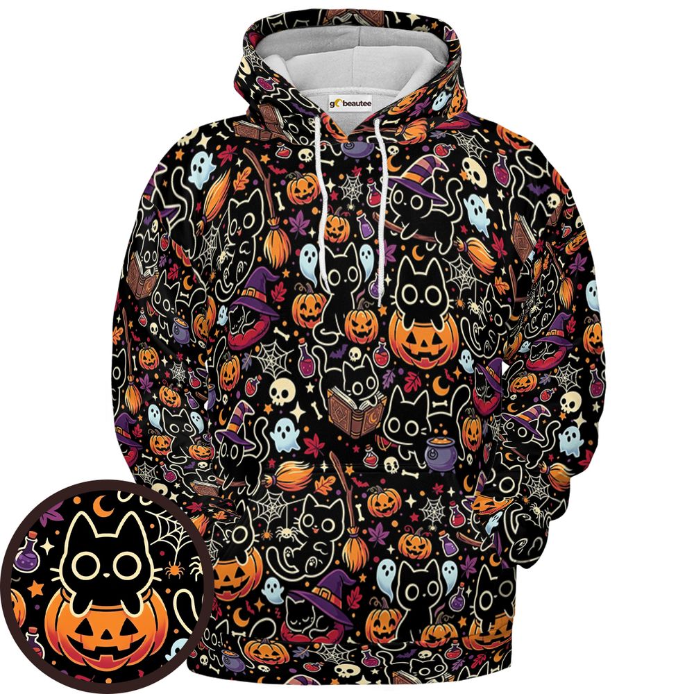 Black Cat and Pumpkin Full Print Hoodie - Pullover Hoodie - 1