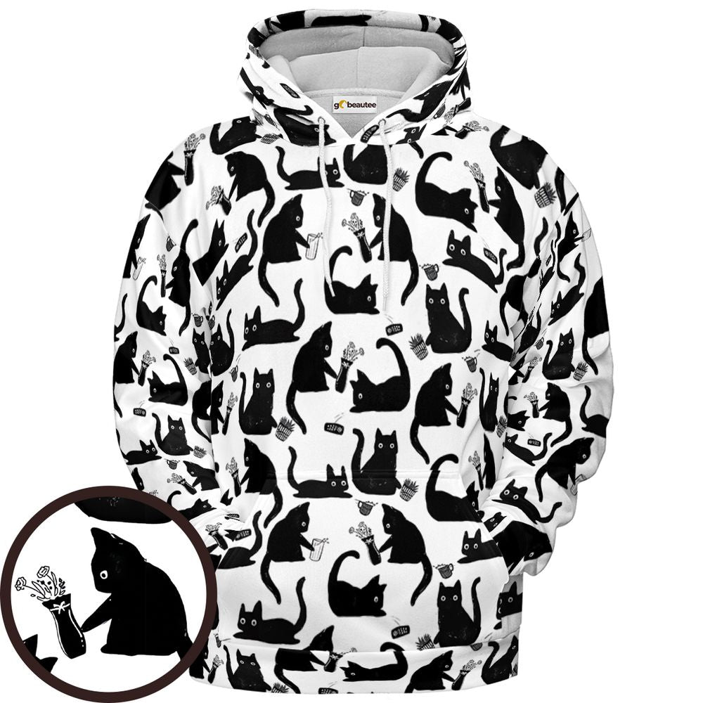 Mischievous Black Cat Pattern Full Print Hoodie - Pullover Hoodie - 1