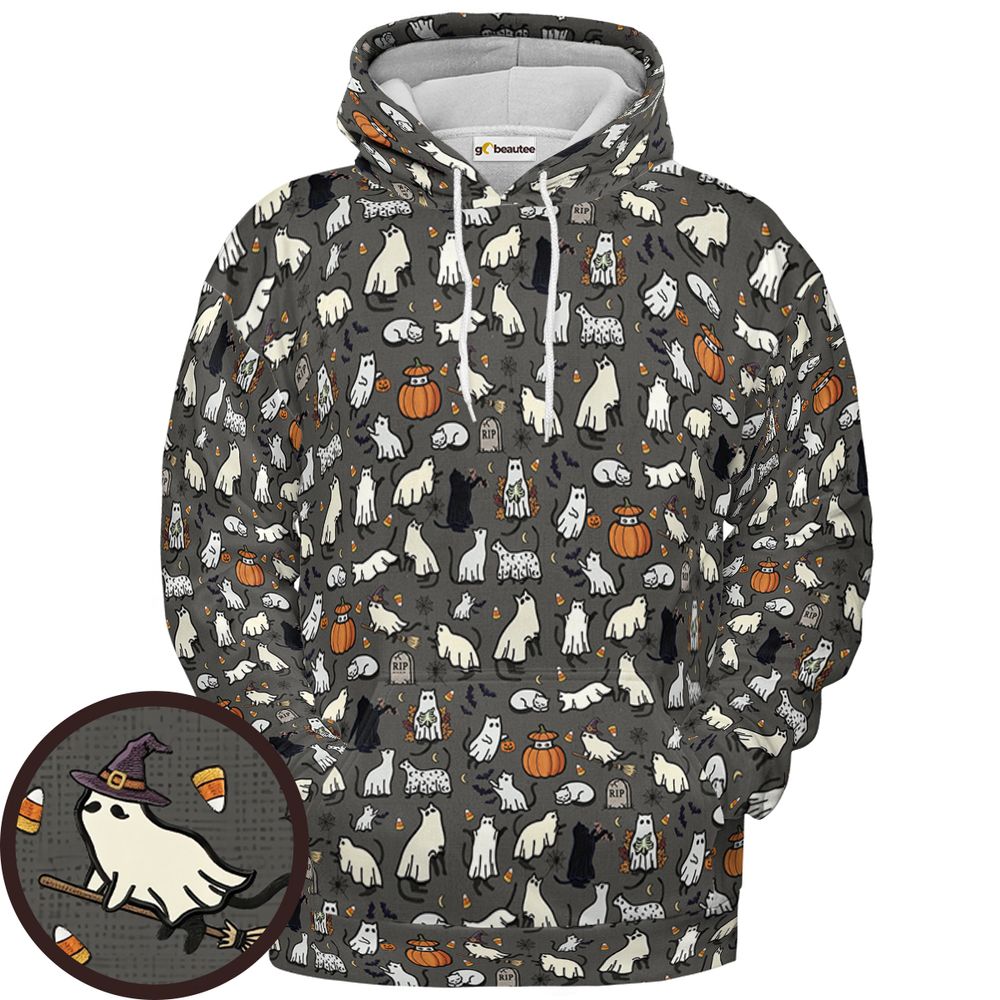 Cat Ghost Full Print Hoodie - Pullover Hoodie - 1