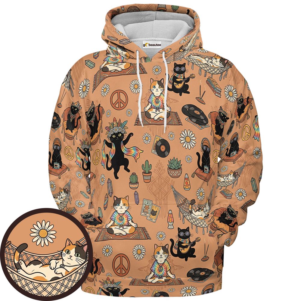 Hippie and Cat Full Print Hoodie - Pullover Hoodie - 1