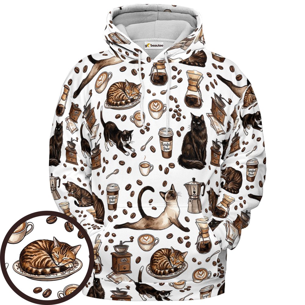 Cat and Coffee Full Print Hoodie - Pullover Hoodie - 1