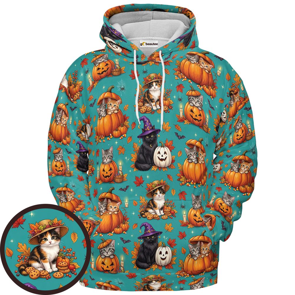 Festive Fall Pumpkin &amp; Witch Cat Full Print Hoodie - Pullover Hoodie - 1