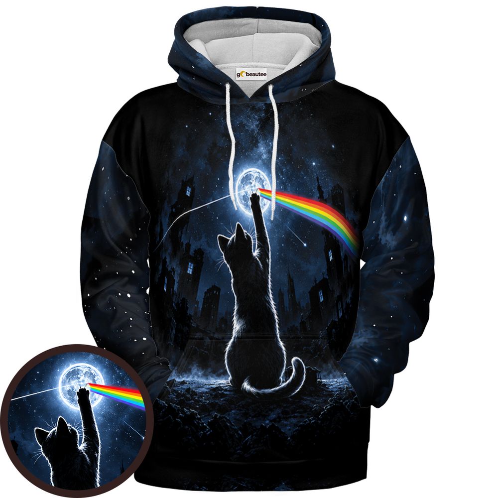 Cosmic Rainbow Moon Cat Silhouette Full Print Hoodie - Pullover Hoodie - 1
