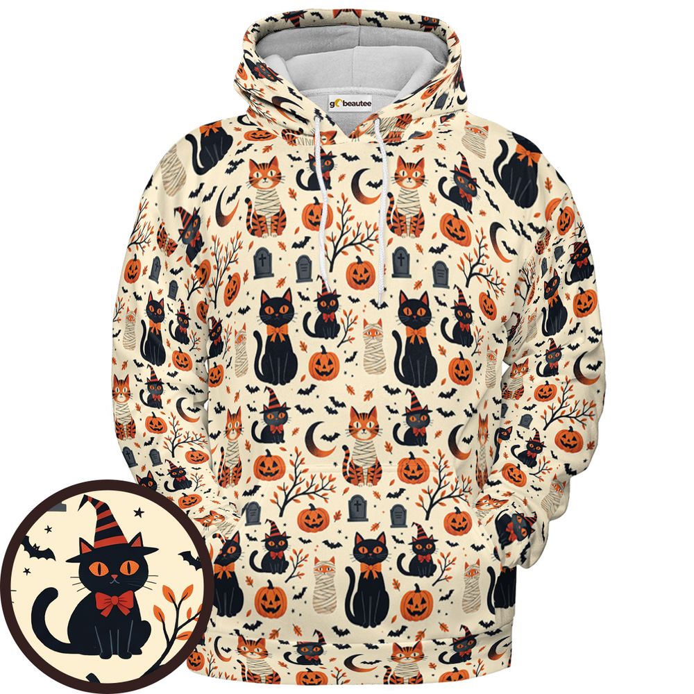 Vintage Halloween Witch &amp; Mummy Cats - Pullover Hoodie - 1