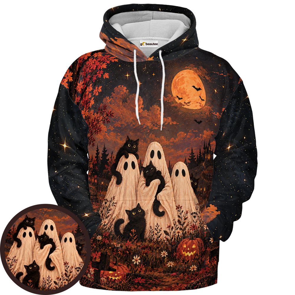 Black Cats and Ghost Halloween Night - Pullover Hoodie - 1
