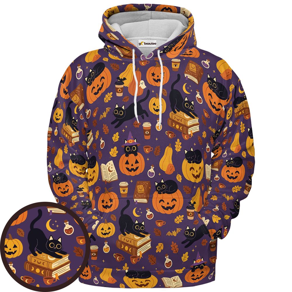 Purple Spooky Black Cat &amp; Pumpkin Magic Full Print Hoodie - Pullover Hoodie - 1