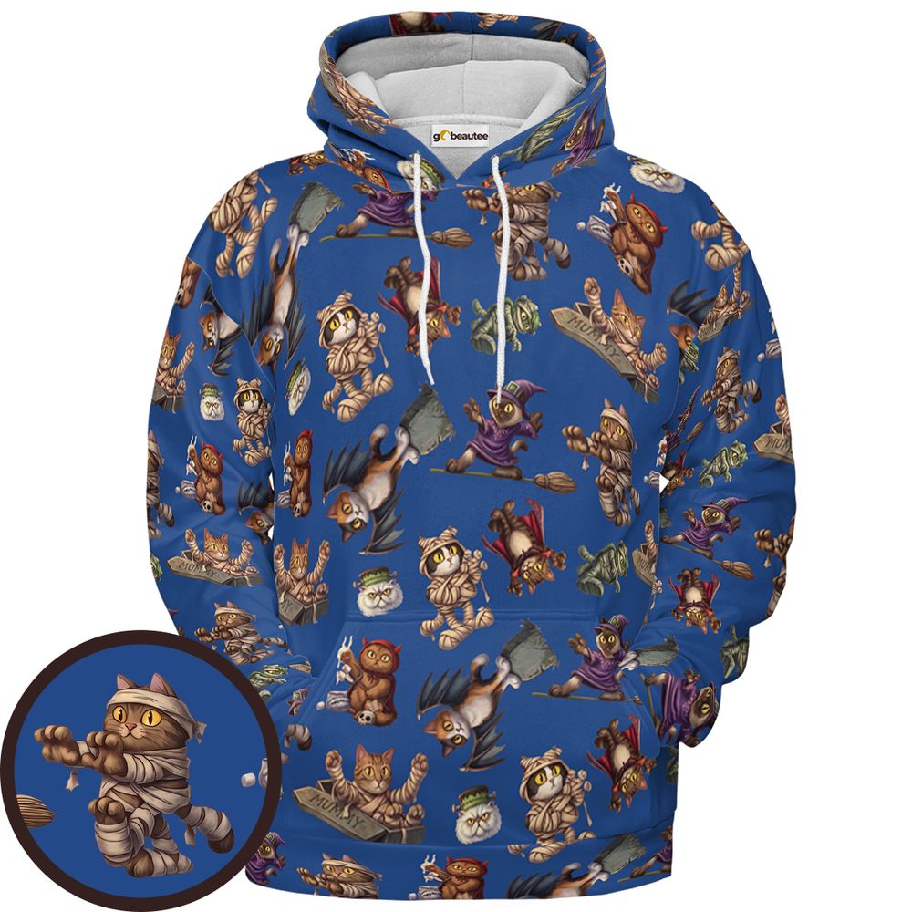 Blue Halloween Monster Cats - Pullover Hoodie - 1