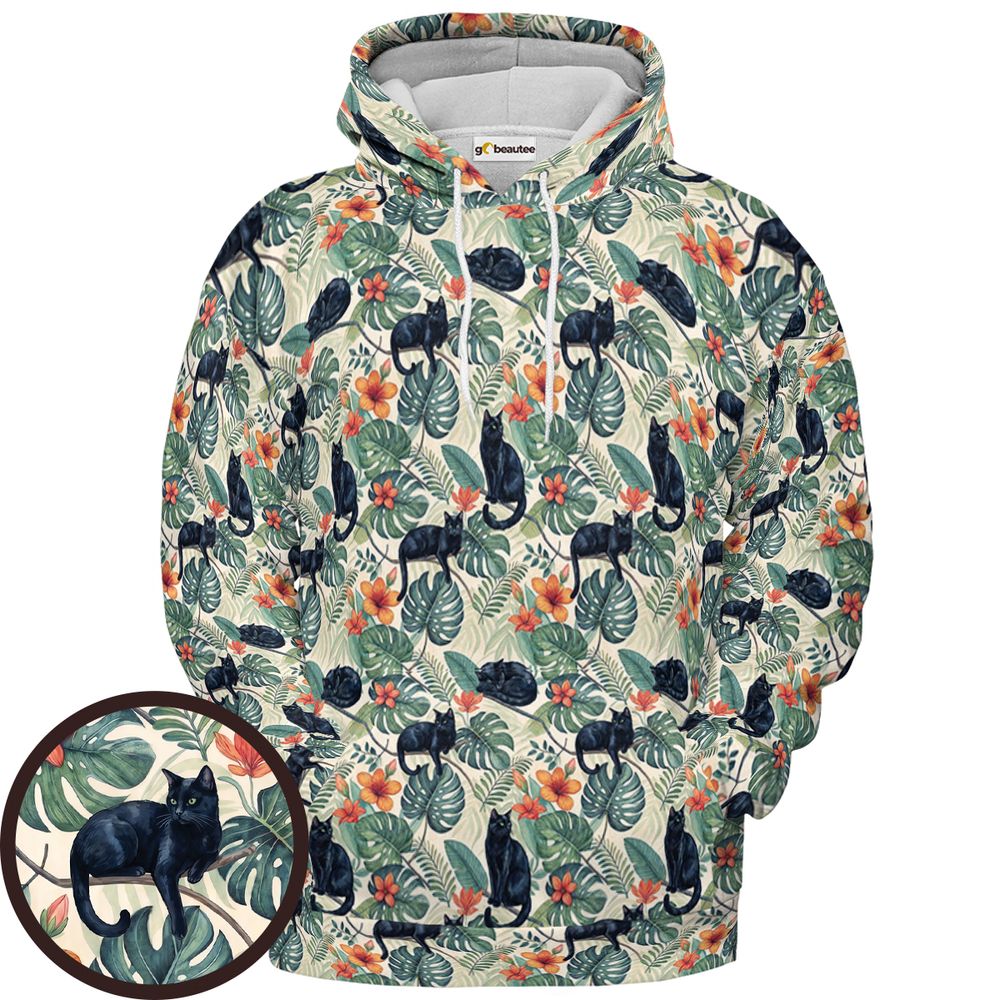 Black Cats in Tropical Foliage - Pullover Hoodie - 1
