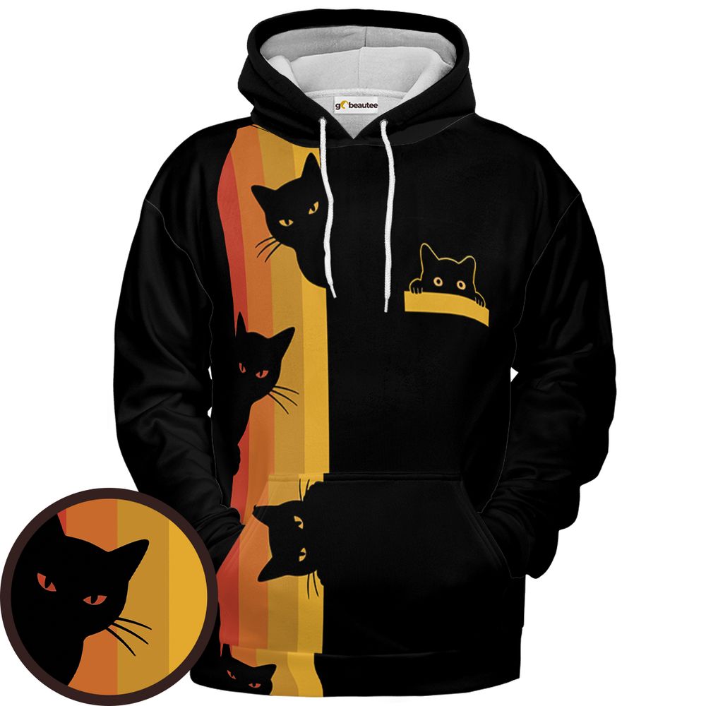 Retro Sunset Peeking Black Cat Full Print Hoodie - Pullover Hoodie - 1