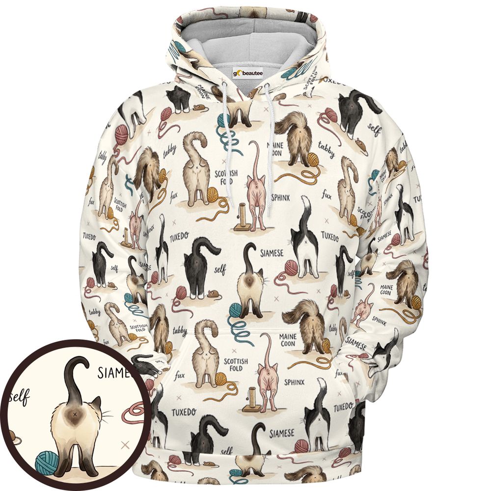 Funny Cat Butts Breed Chart Full Print Hoodie - Pullover Hoodie - 1