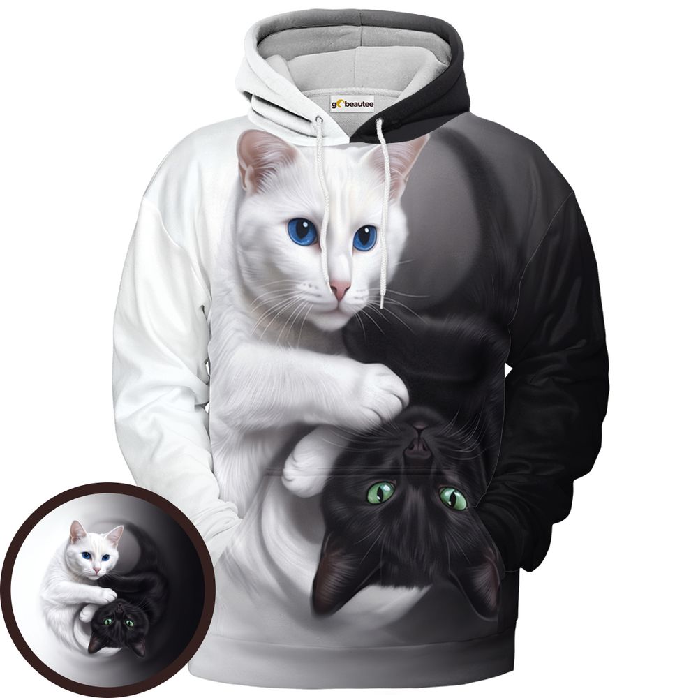 Yin Yang Black Cat and White Cat Full Print Hoodie - Pullover Hoodie - 1