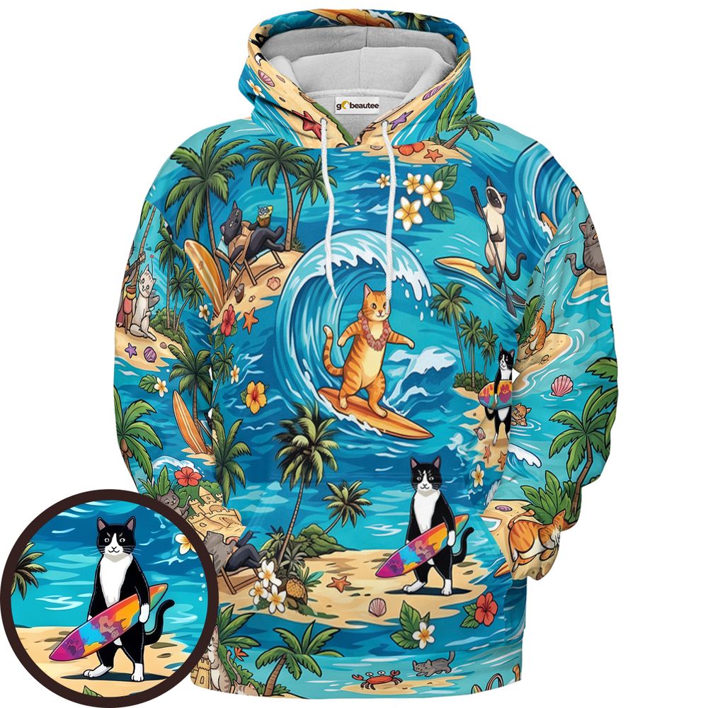 Cats Surfing Full Print Hoodie - Pullover Hoodie - 1