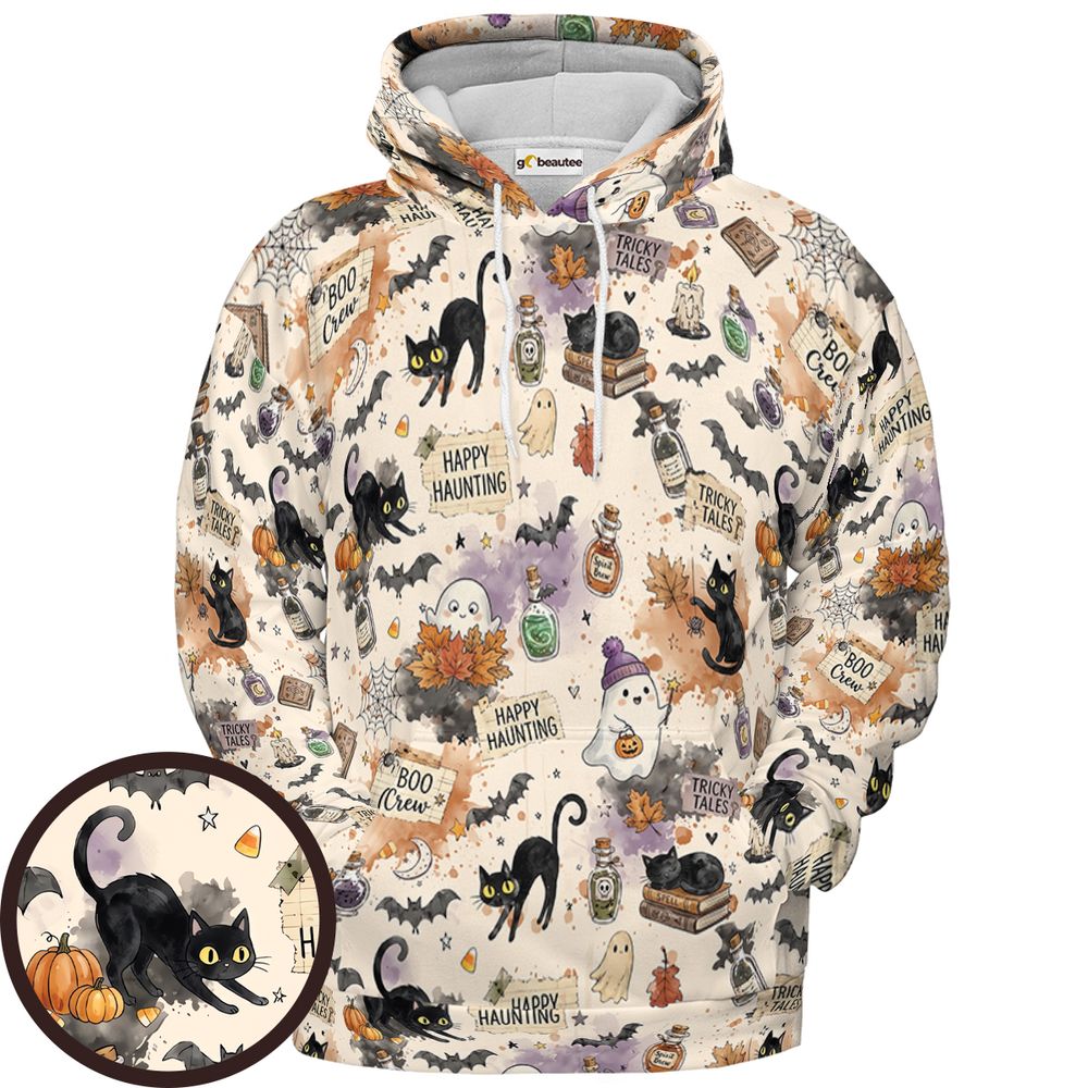 Happy Haunting Black Cat & Potion Spooky Full Print Hoodie - Pullover Hoodie - 1