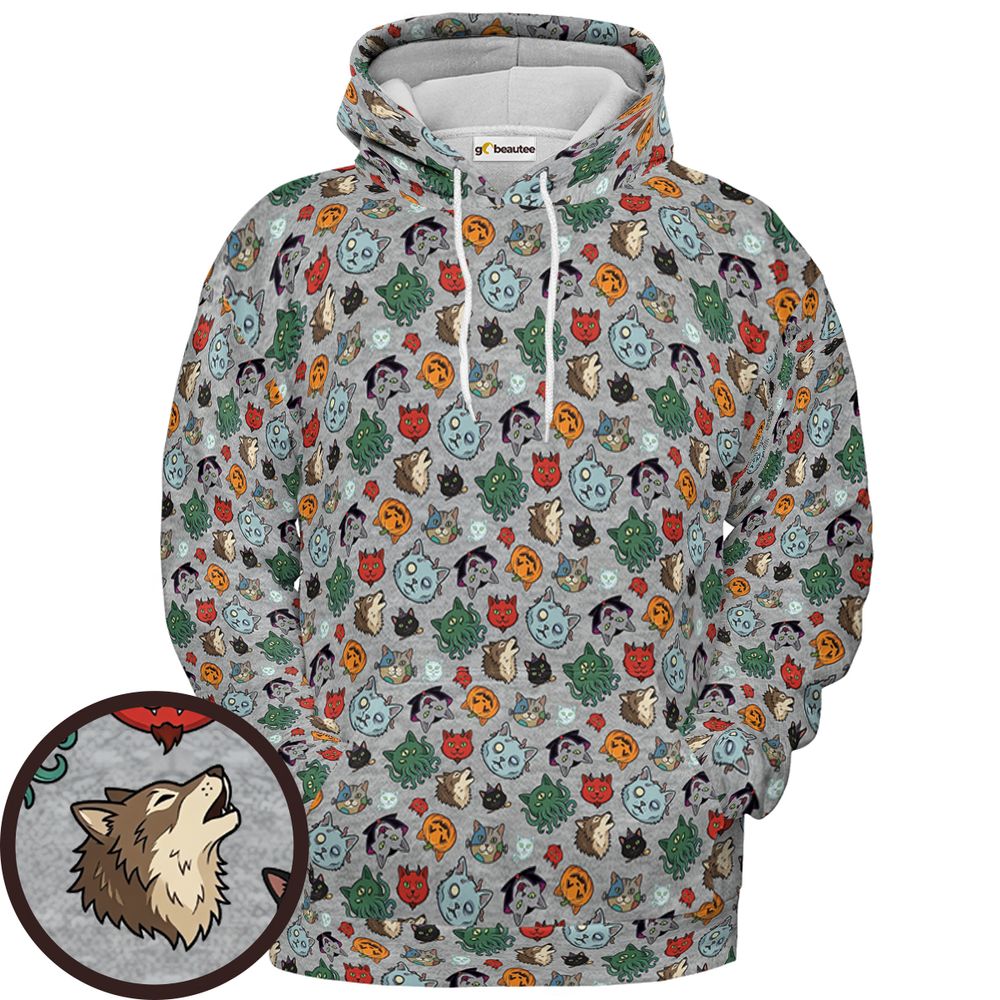 Spooky Monster Cat Mashup Halloween Full Print Hoodie - Pullover Hoodie - 1