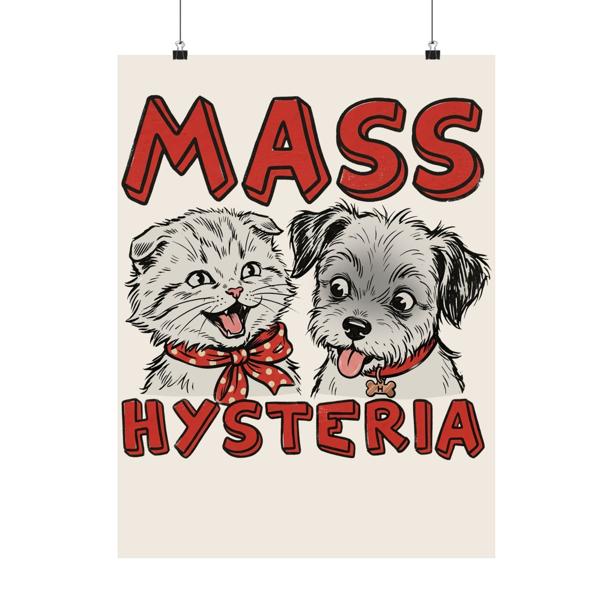 Cat &amp; Dog Mass Hysteria Poster Funny Puppy &amp; Kitten Line Art Poster