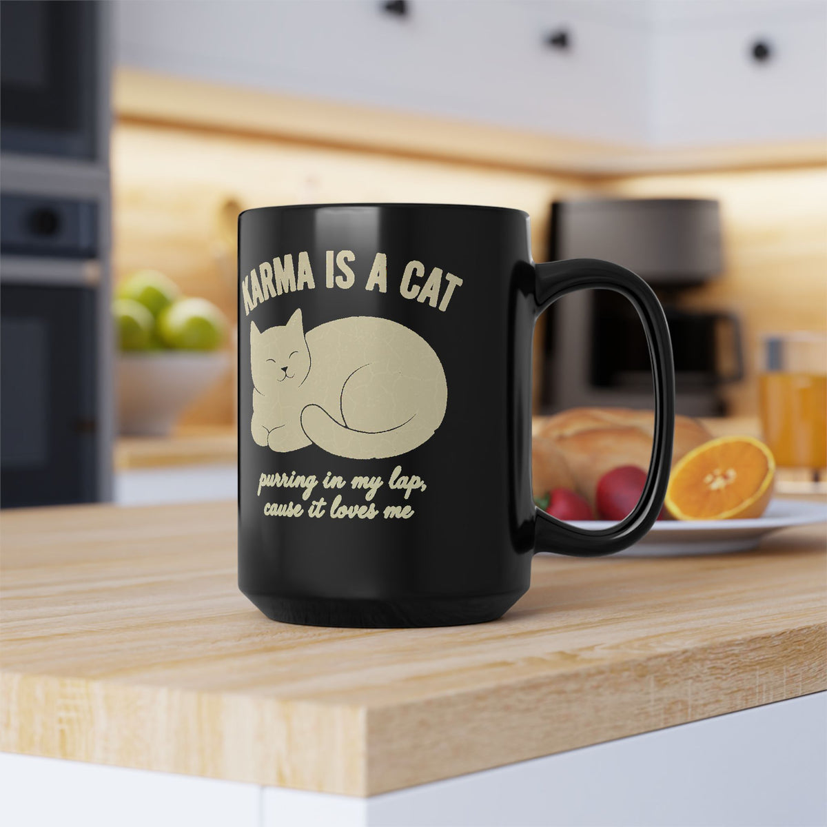 Karma Is A Cat Black Mug