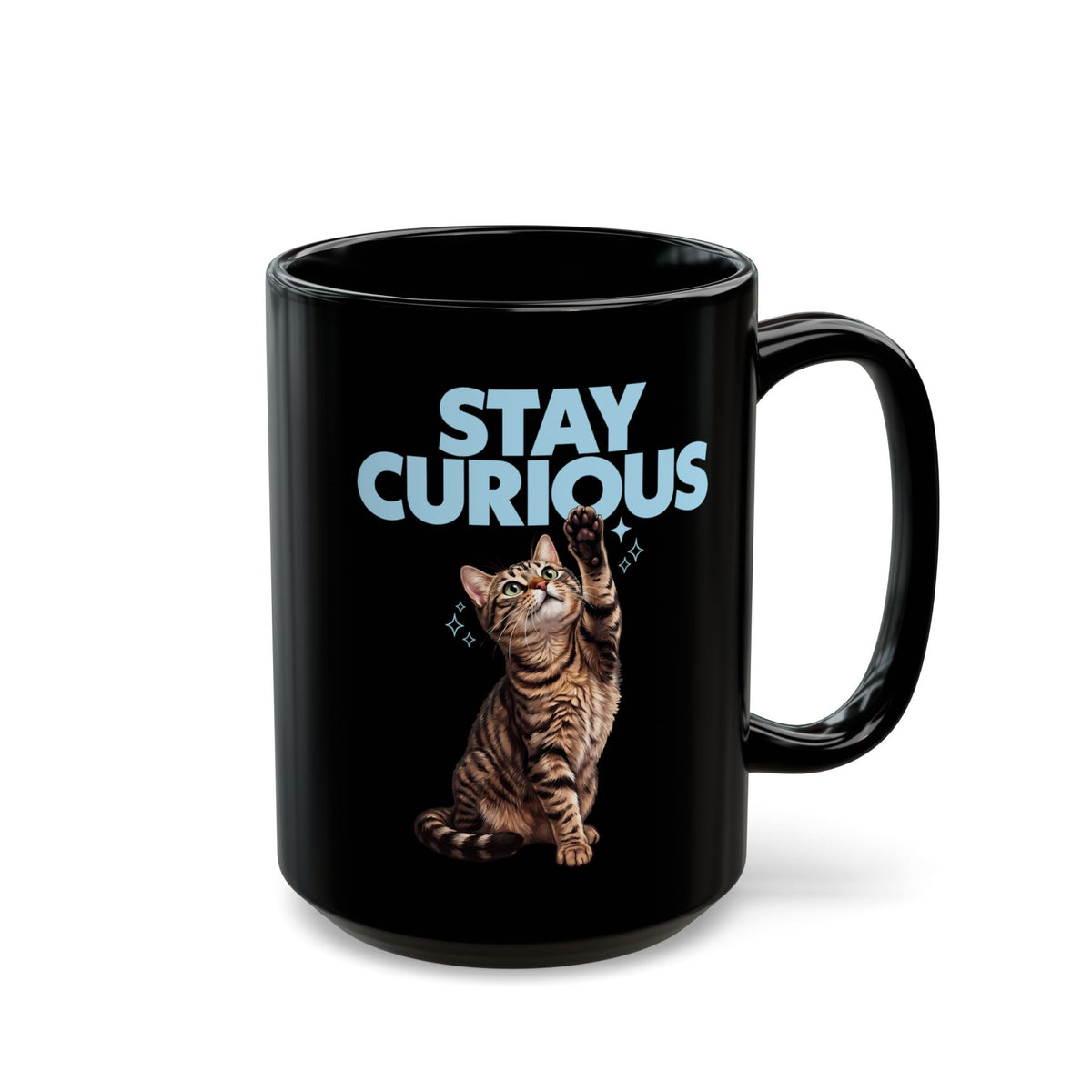 Stay Curious Tabby Cat Black Mug — Cute Reaching Feline Graphic Mug