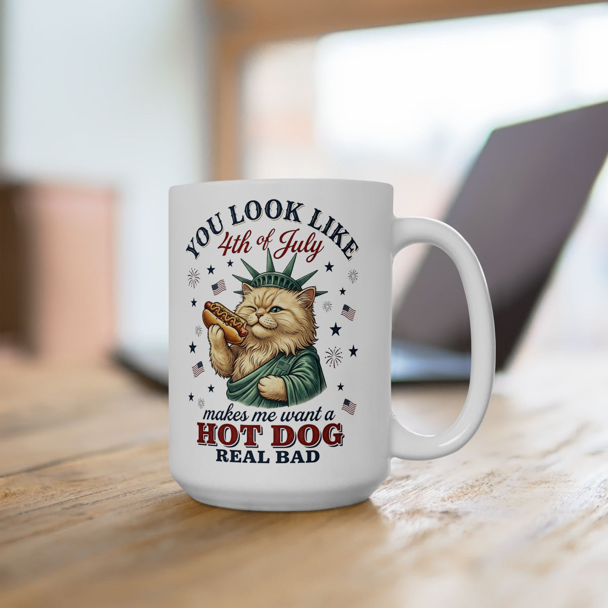 4th of July Cat & Hot Dog Ceramic Mug — Patriotic Fourth of July Mug