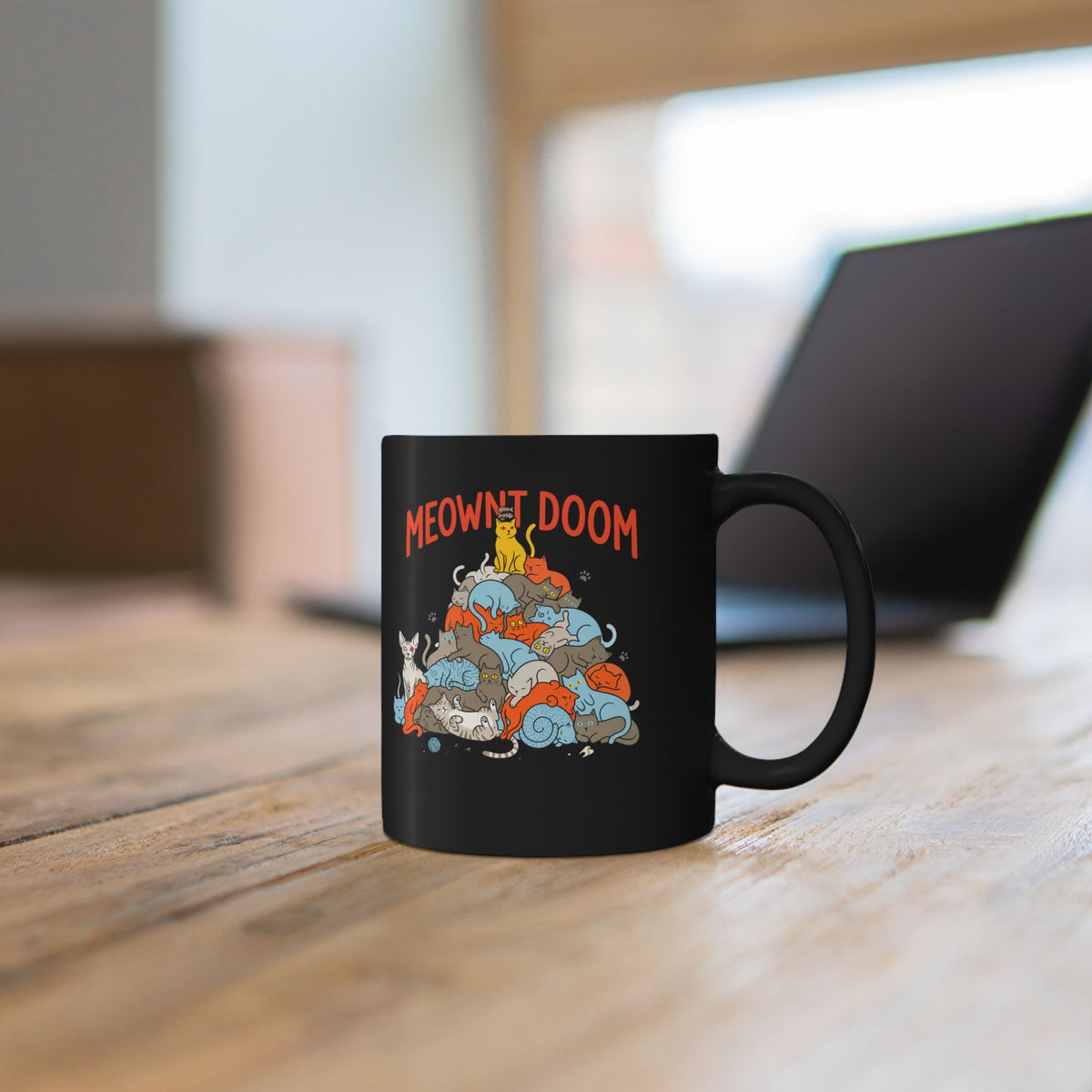 Meownt Doom Black Mug — Funny Cat 'meownt doom' Graphic Mug