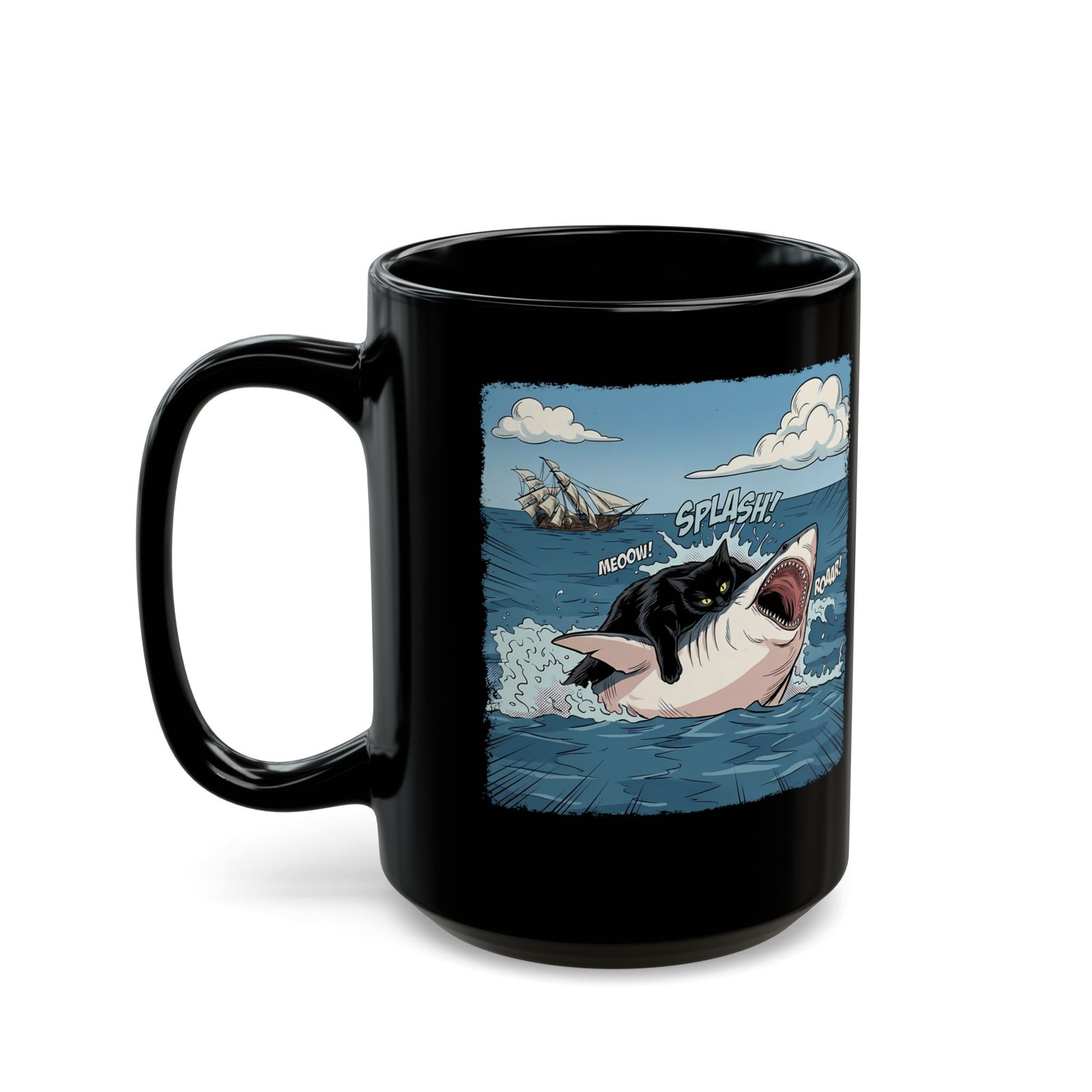 Black Cat Vs White Shark Black Mug — Funny Comic Book Ocean Battle Mug