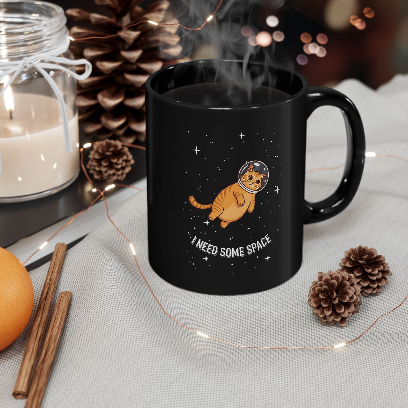I Need Some Space Cat Black Mug — Cute Astronaut Orange Tabby Feline Mug