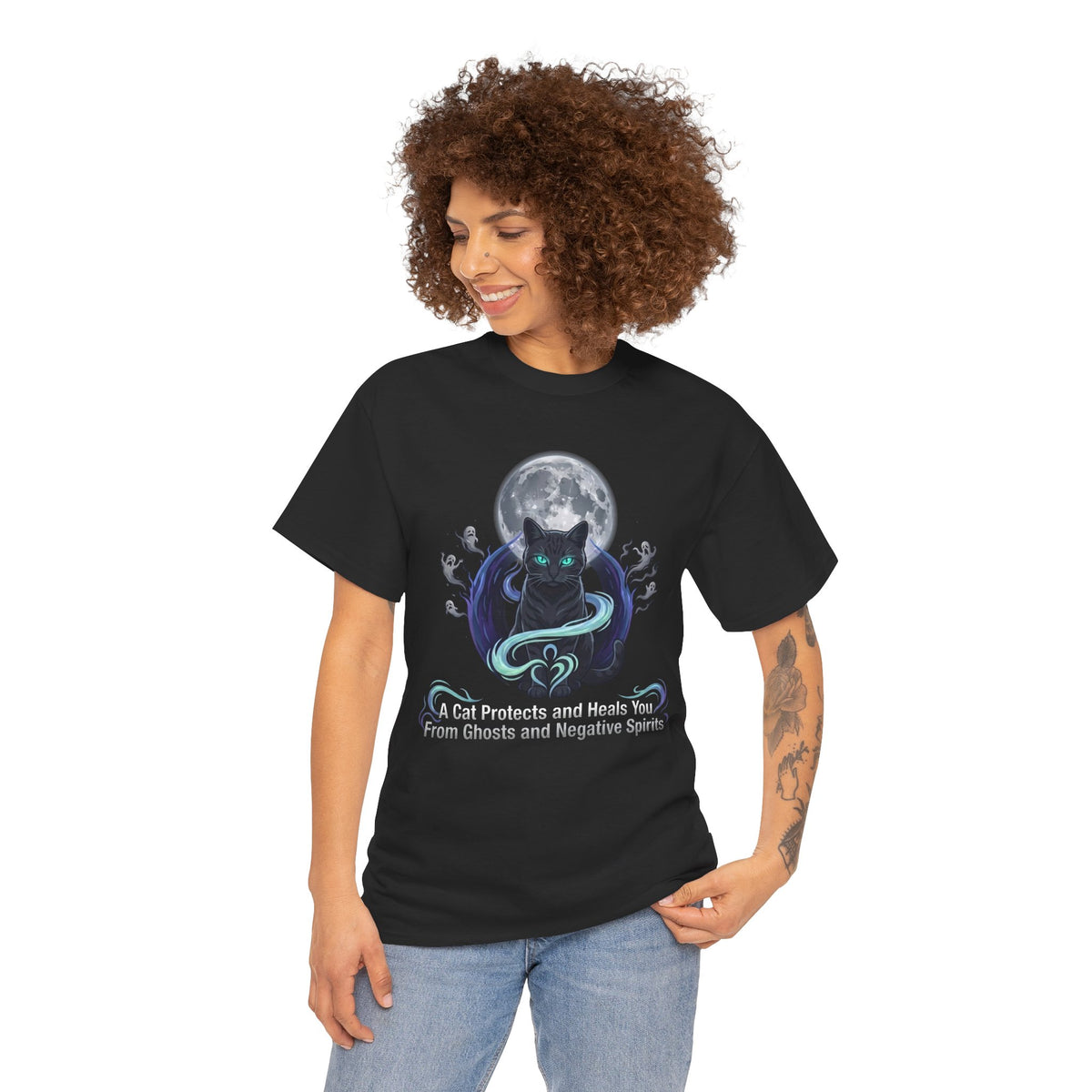 Protective Cat Tee — "A Cat Protects and Heals You From Ghosts and Negative Spirits"