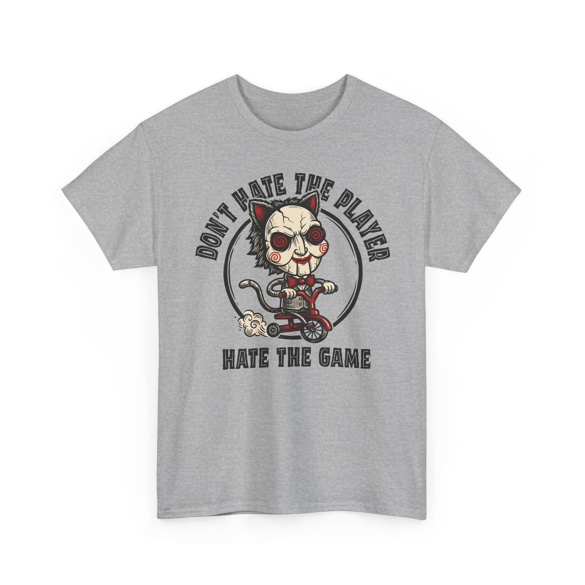 Don't Hate The Player Hate The Game SAW Cat T-Shirt — Funny Jigsaw Puppet Tee