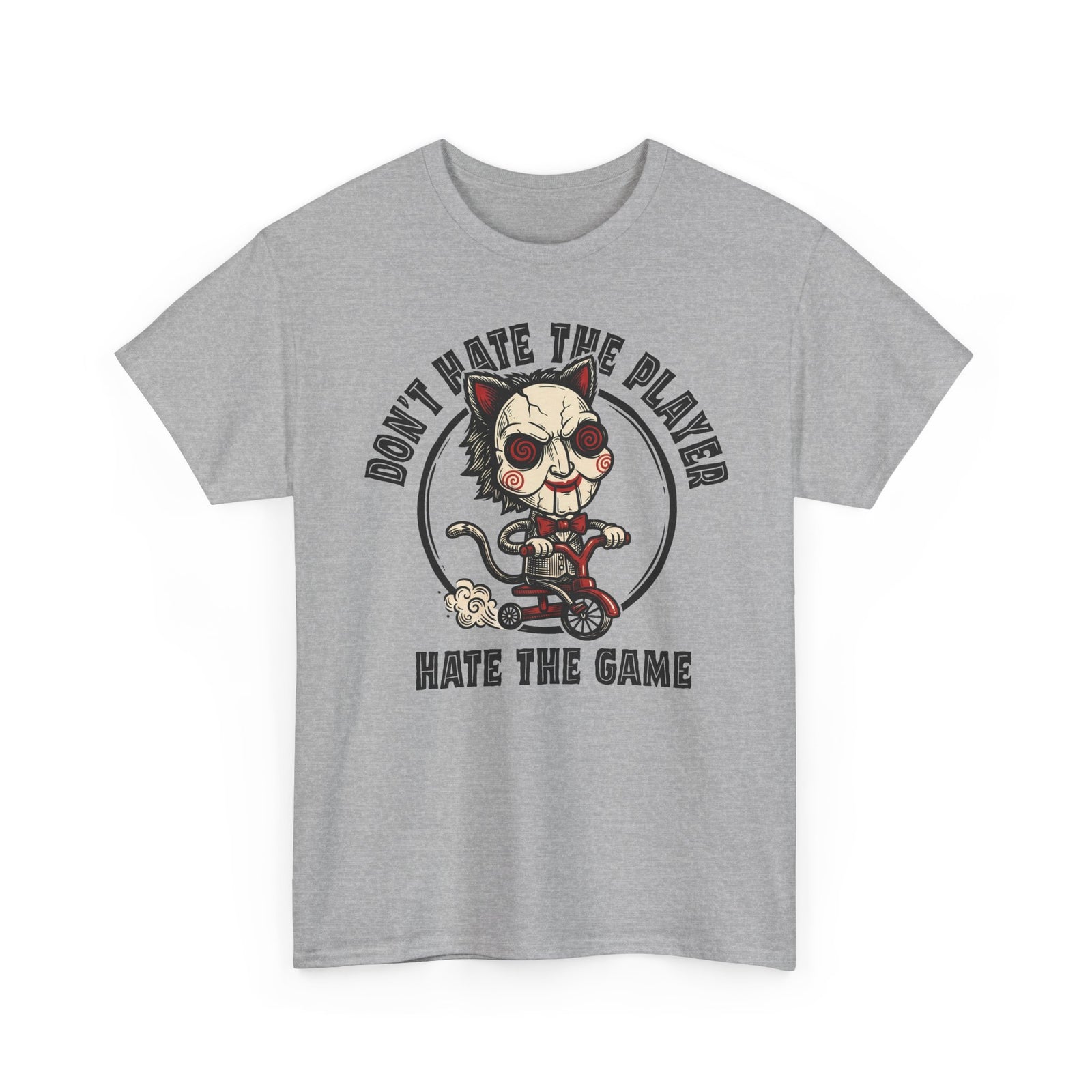 Don't Hate The Player Hate The Game SAW Cat T-Shirt — Funny Jigsaw Puppet Tee