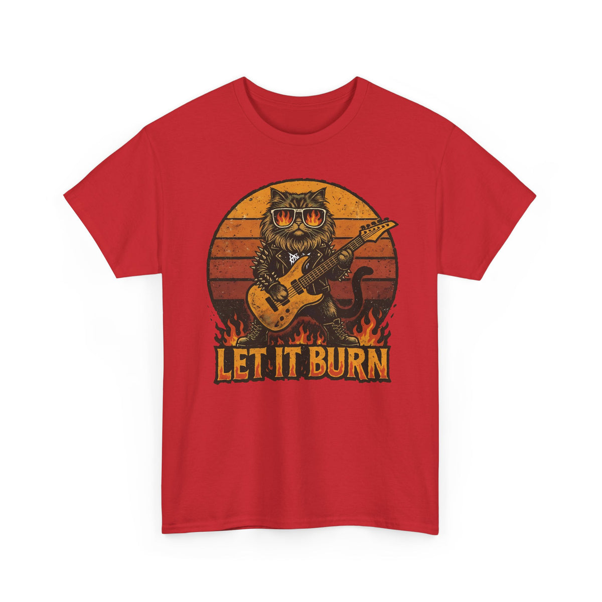 Let It Burn Rocker Cat T-Shirt — Heavy Metal Guitar Feline Graphic