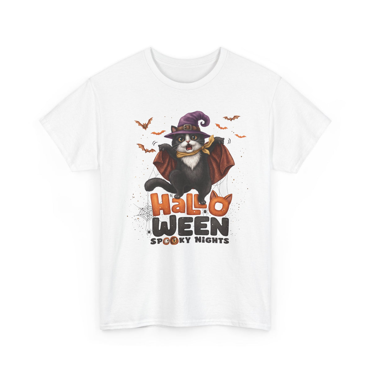 Halloween Spooky Nights Tuxedo Cat T-Shirt — Cute Flying Witch Cat Tee