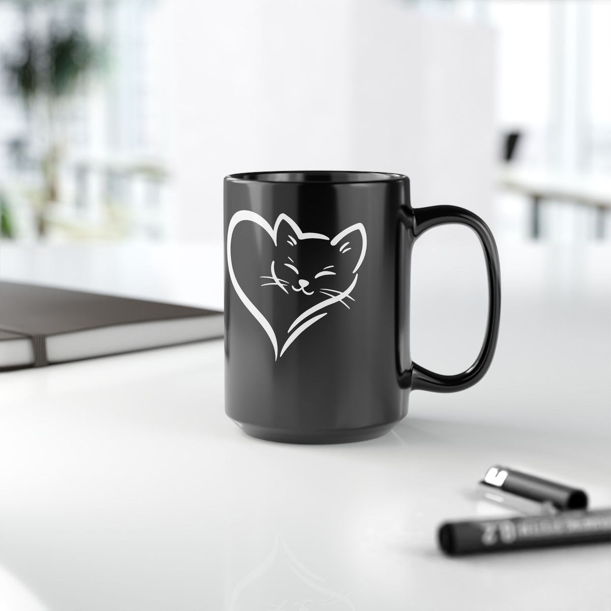 Cute Cat Heart Black Mug - Cat Lover Gift - Adorable Cat Silhouette Mug