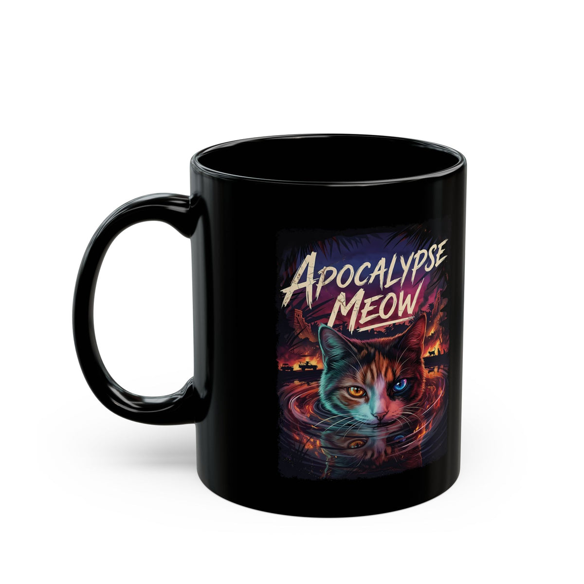 Apocalypse Meow Black Mug — Cute Post-Apocalyptic Cat Graphic Mug