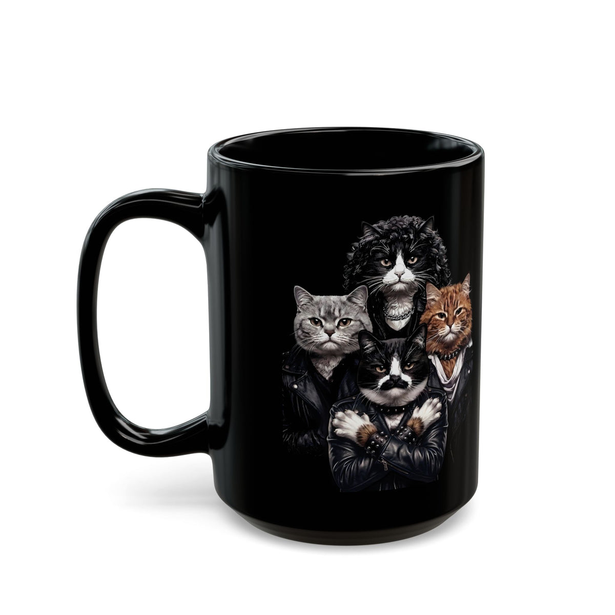 Bohemian Catsody Black Mug — Retro 80s Hard Rock Feline Band Parody