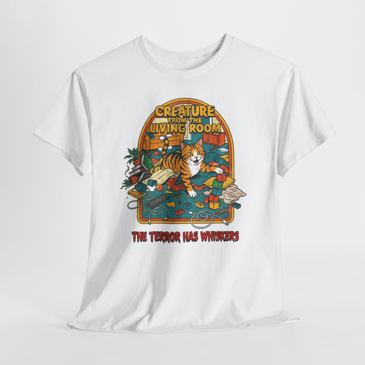 Cozy Living Room Cat Tee — Retro Sunlit Illustration Graphic Shirt