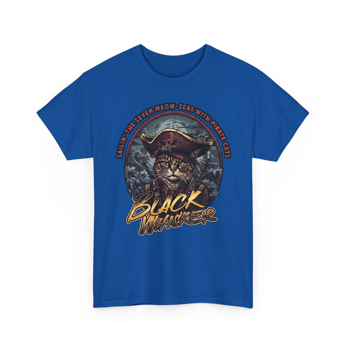 Black Whisker Pirate Cat T-Shirt — Funny Nautical Seven Meow-Seas Tee