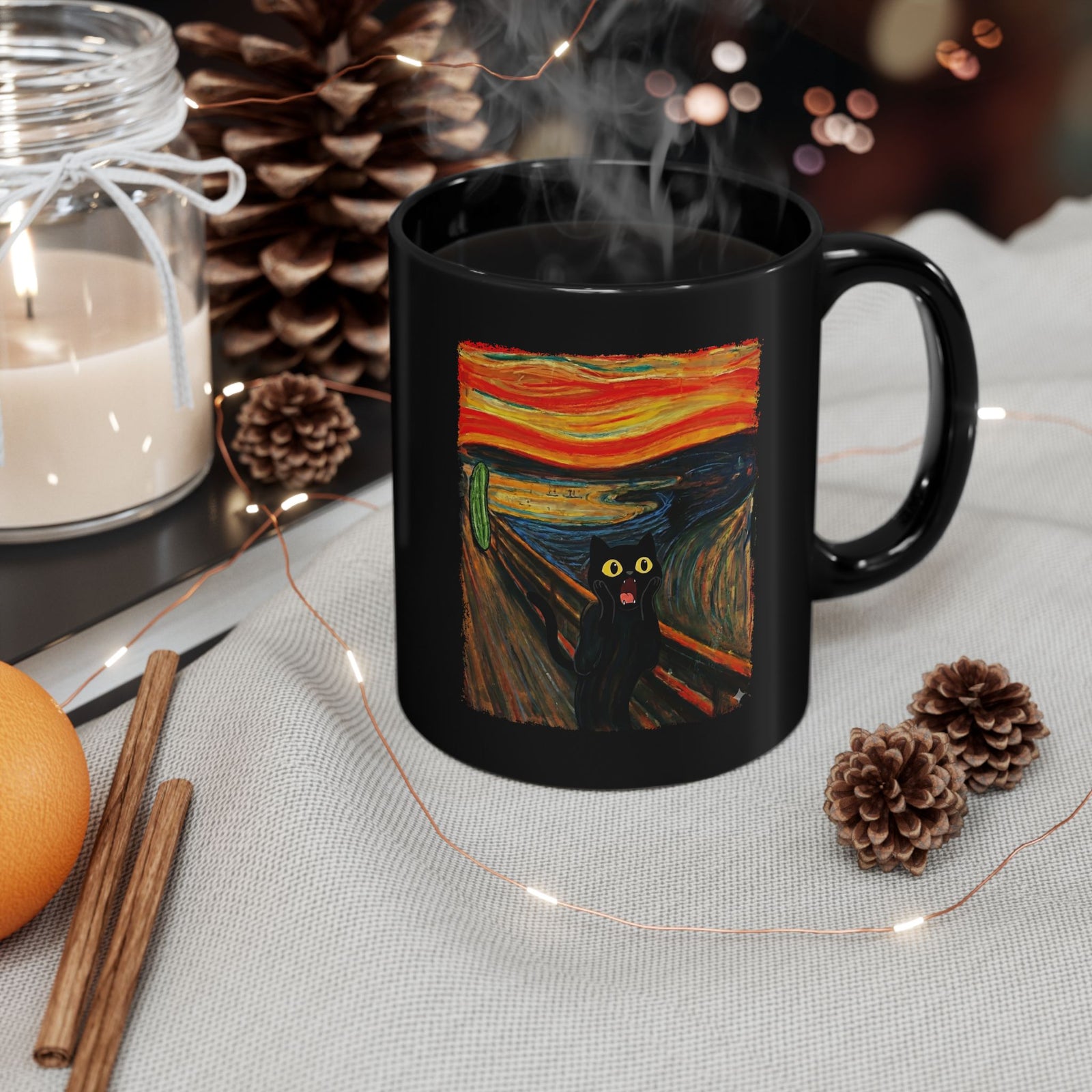 Black Cat Scream Black Mug — Cats Scared by Cucumbers Graphic Mug