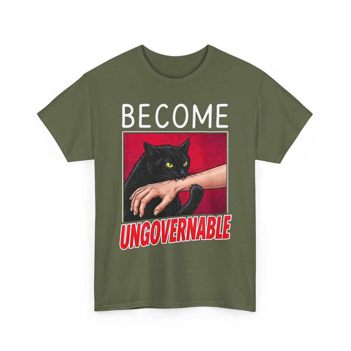 Become Ungovernable Black Cat T-Shirt — Funny Rebel Feline Biting Arm Tee