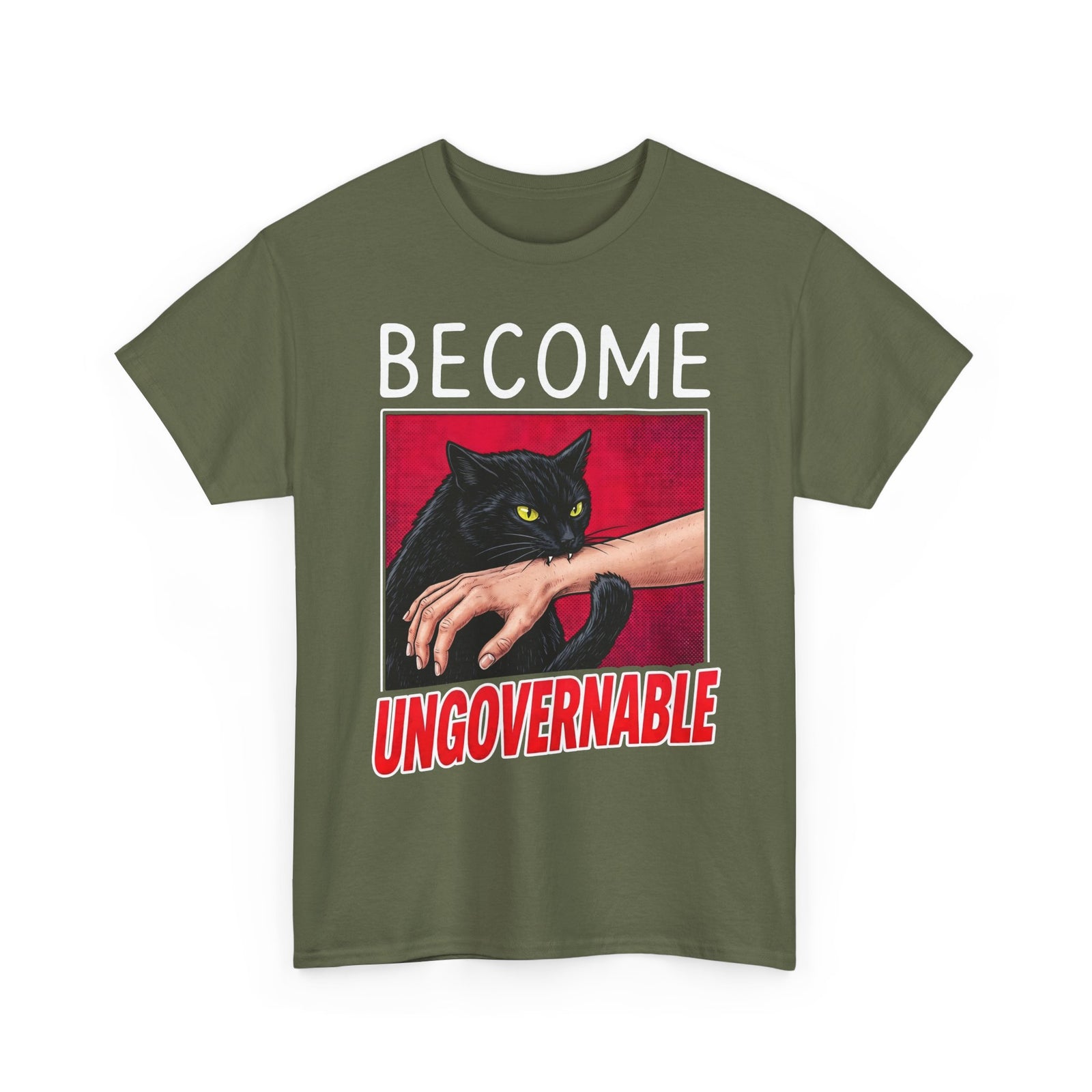 Become Ungovernable Black Cat T-Shirt — Funny Rebel Feline Biting Arm Tee