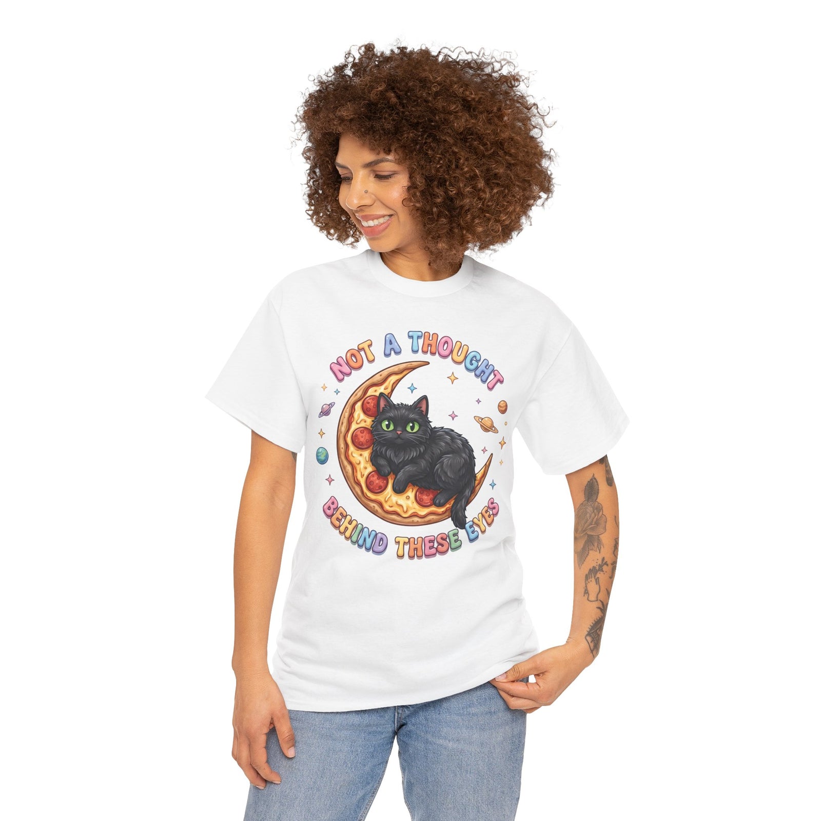 Not A Thought Behind These Eyes T-Shirt — Funny Black Cat Pizza Moon Tee