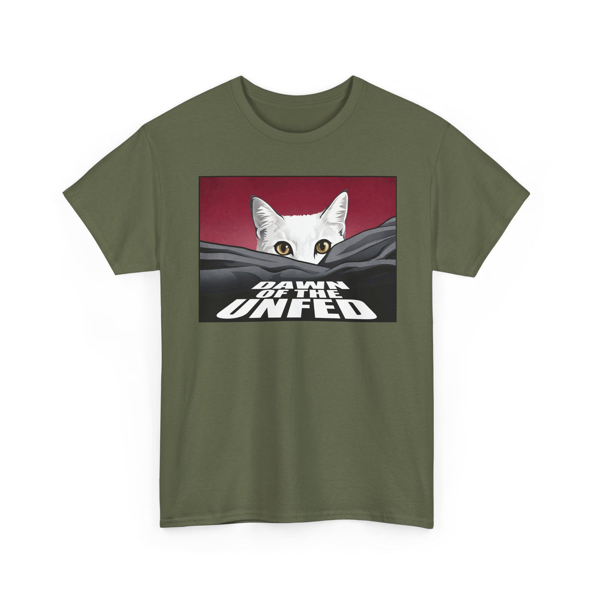 Dawn of the Unfed T-Shirt — Funny White Cat Horror Movie Parody Tee