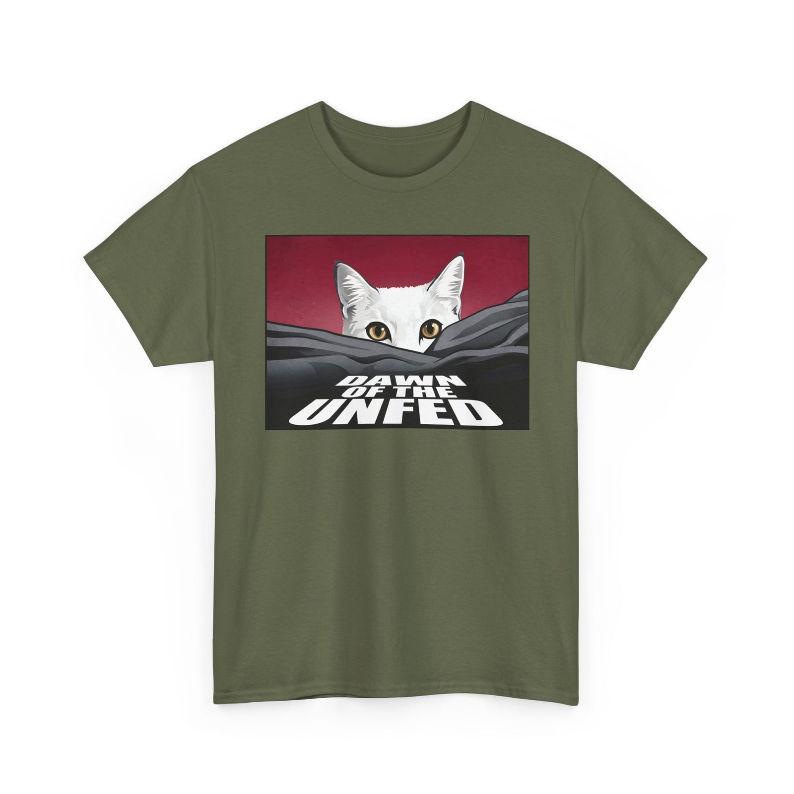 Dawn of the Unfed T-Shirt — Funny White Cat Horror Movie Parody Tee