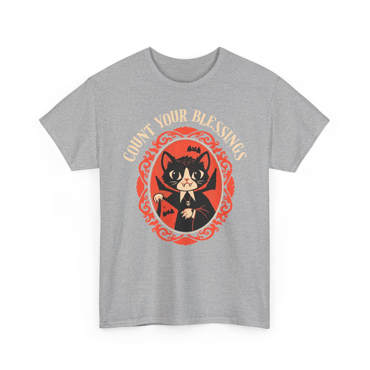 Count Your Blessings Vampire Cat — Funny Dracula Halloween Graphic Art