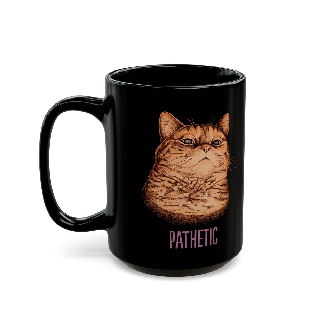 Pathetic Judgmental Cat Black Mug — Funny Orange Tabby Meme Graphic Mug