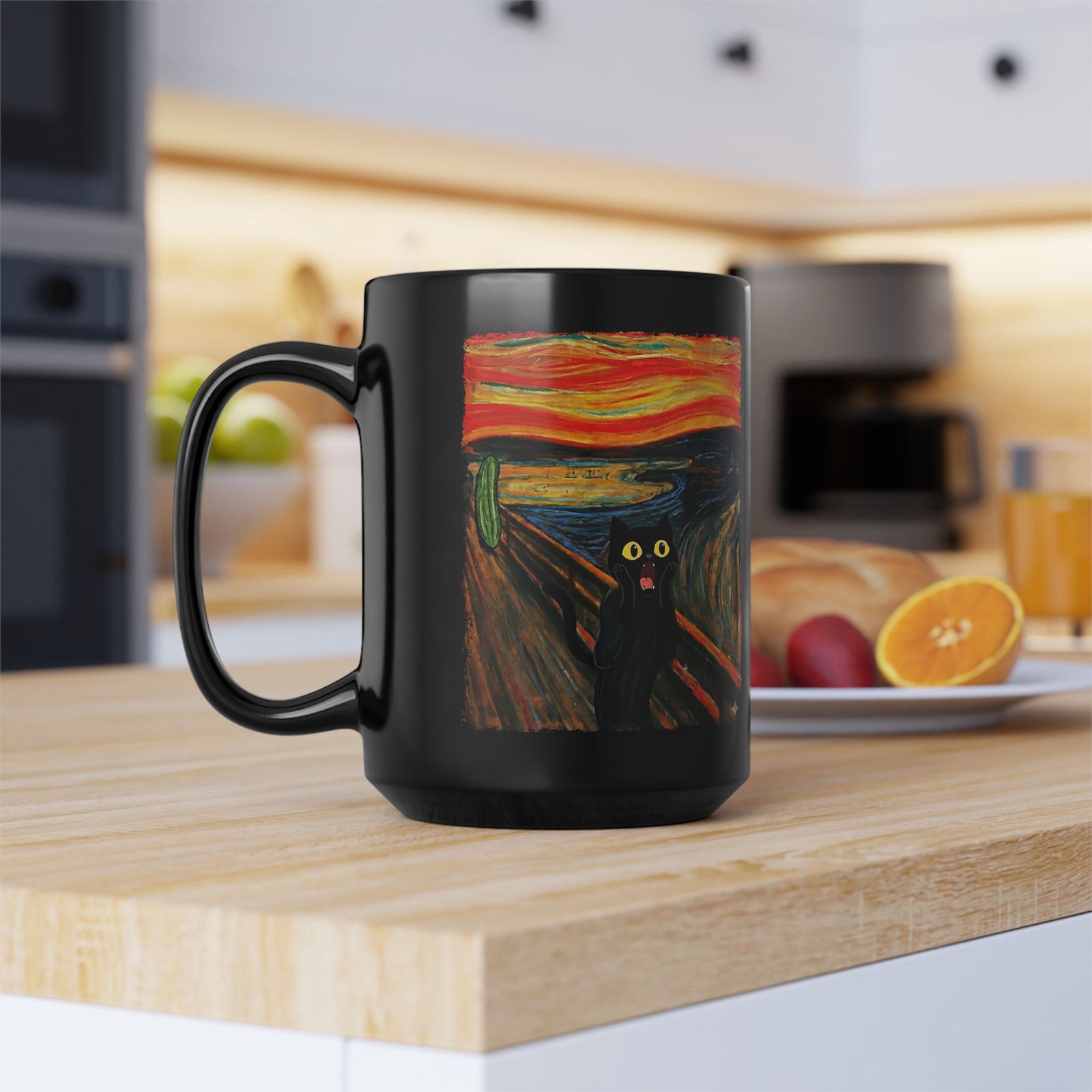 Black Cat Scream Black Mug — Cats Scared by Cucumbers Graphic Mug