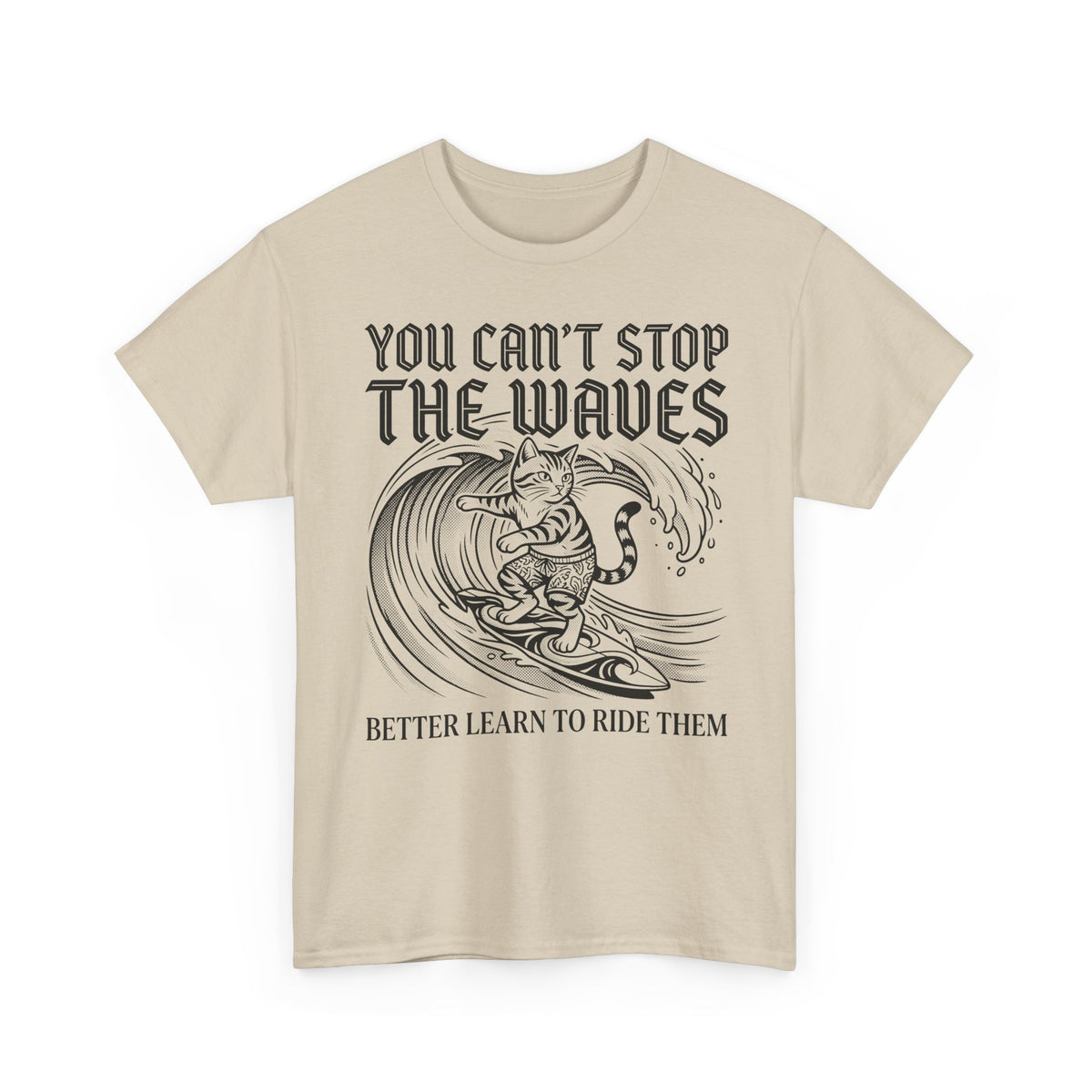 Vintage Surfer Cat T-Shirt — Monochrome Ocean Waves Graphic Tee