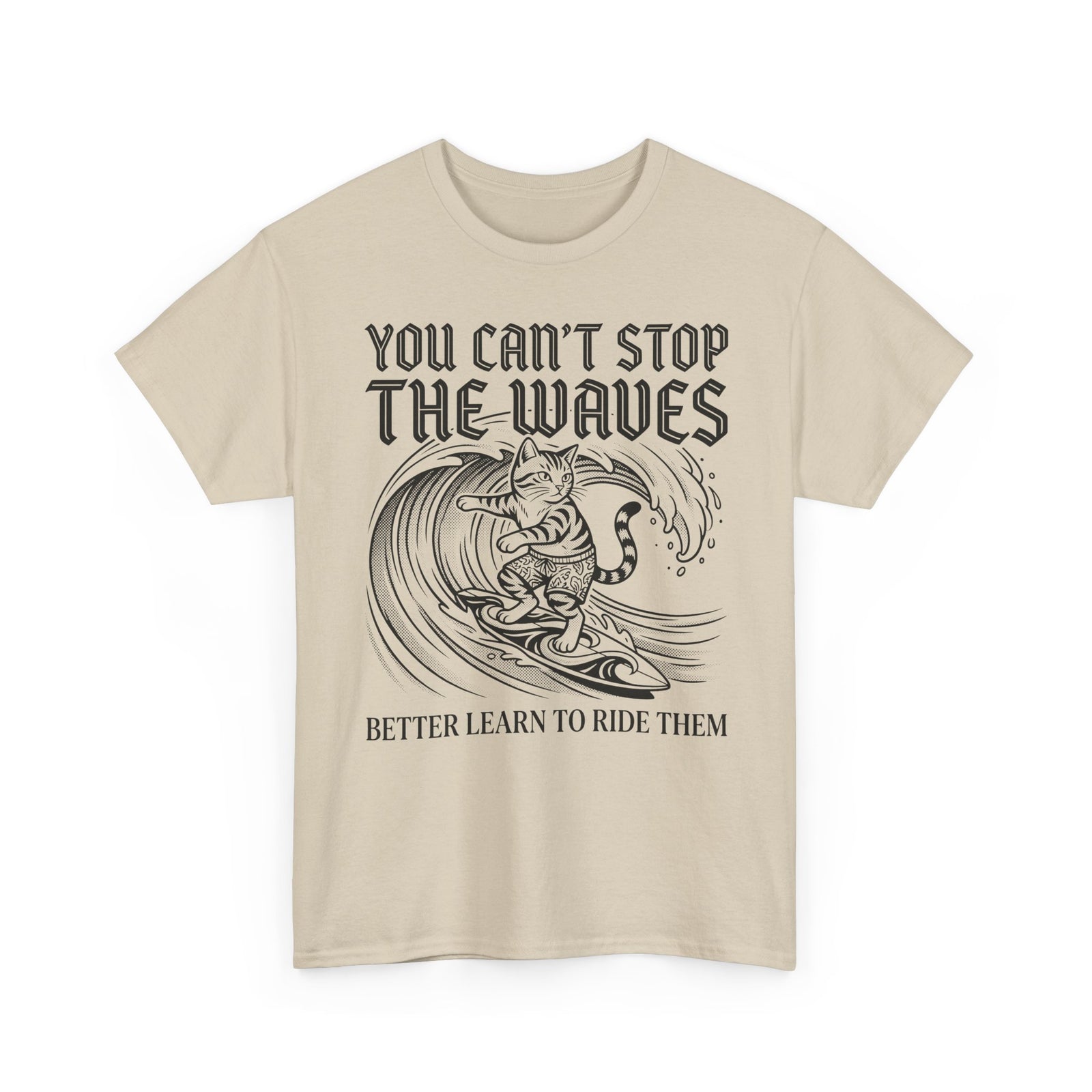 Vintage Surfer Cat T-Shirt — Monochrome Ocean Waves Graphic Tee