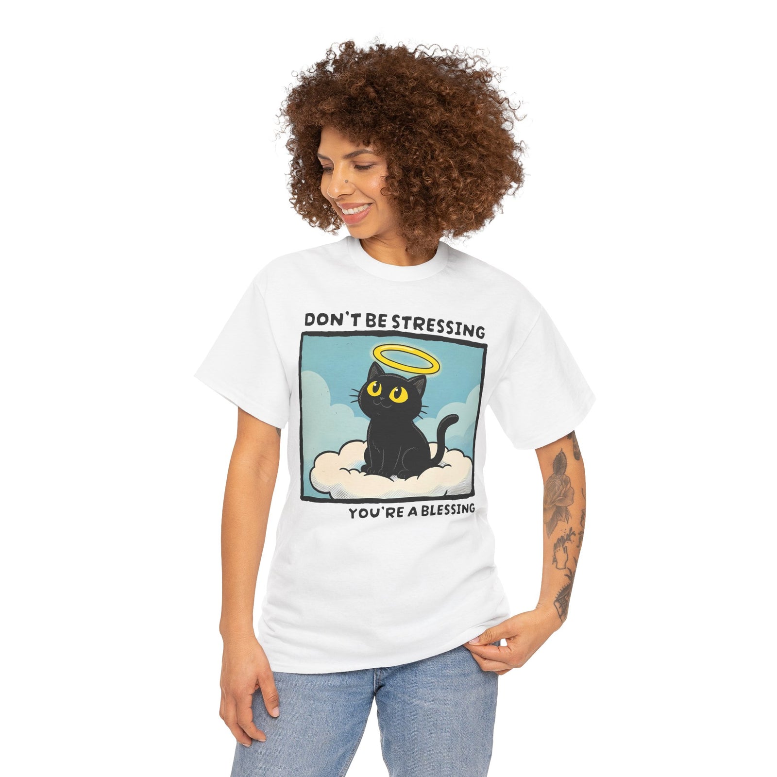 Funny Black Cat Angel T-Shirt “Don’t Be Stressing You’re a Blessing” Cute Cat Graphic Tee