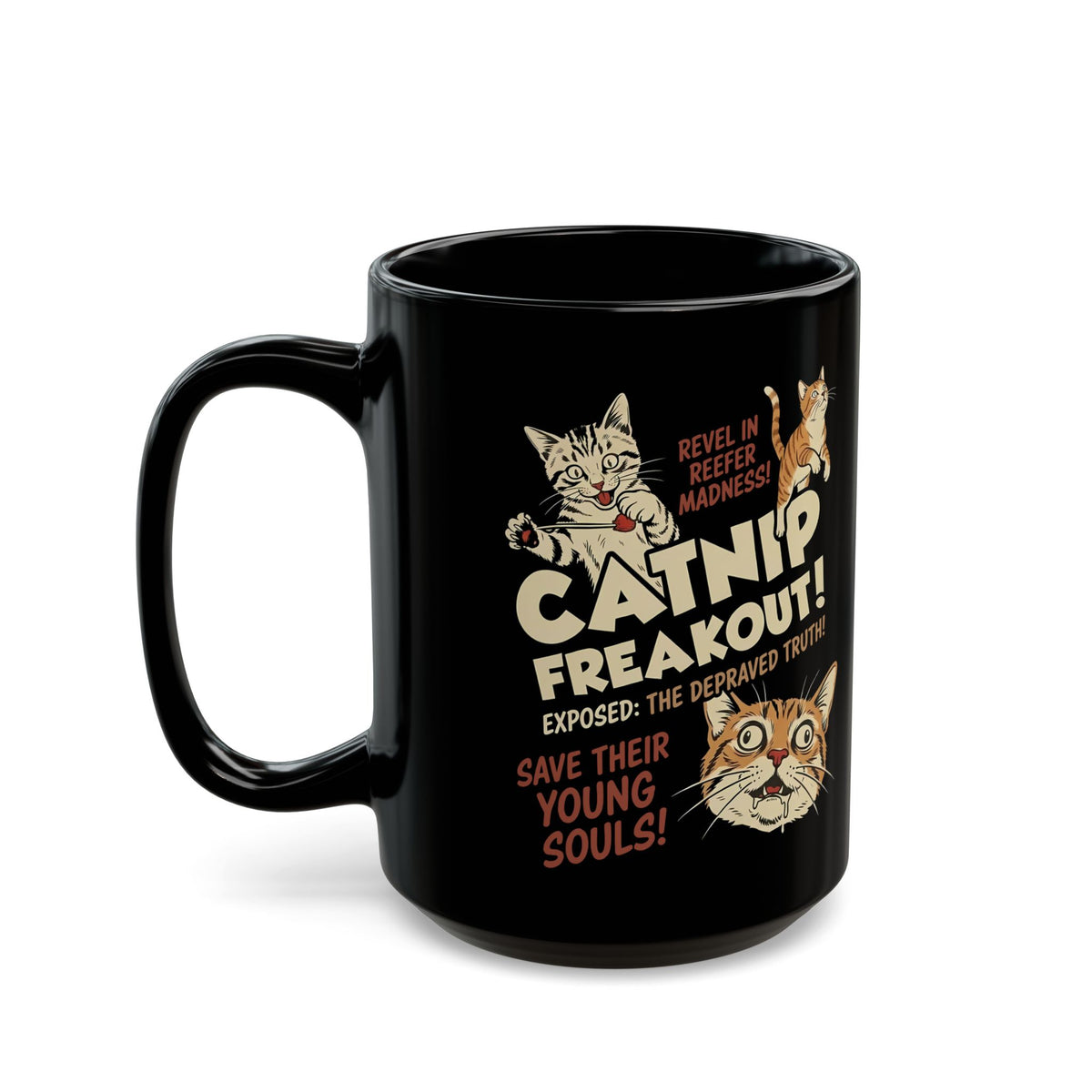 Catnip Freakout Black Mug — Funny Cat Lover Mug